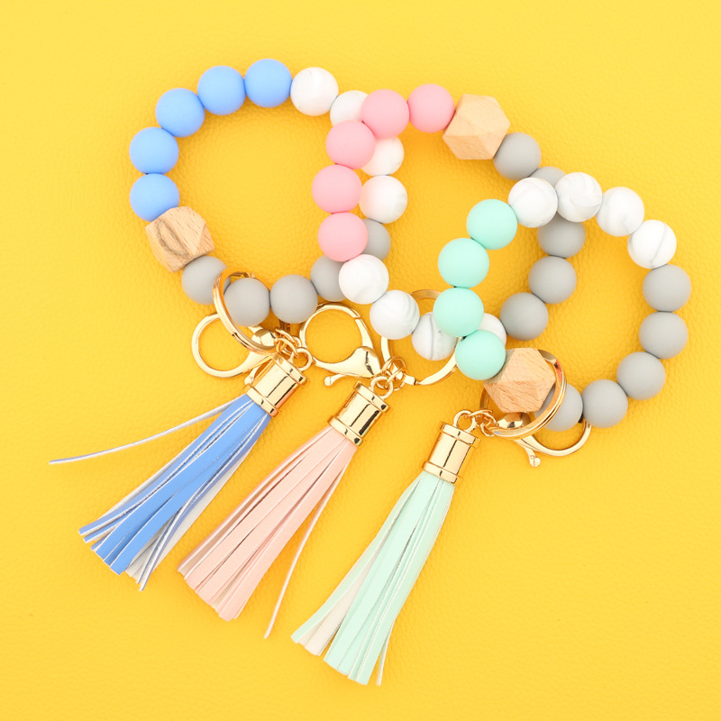 Silicone Key Ring Bracelet Beaded Wrislet Keychain Portable House Car Keys Holder Wristlet Wrist for Women Bangle Cute Keyrings Chains Girls with Leat