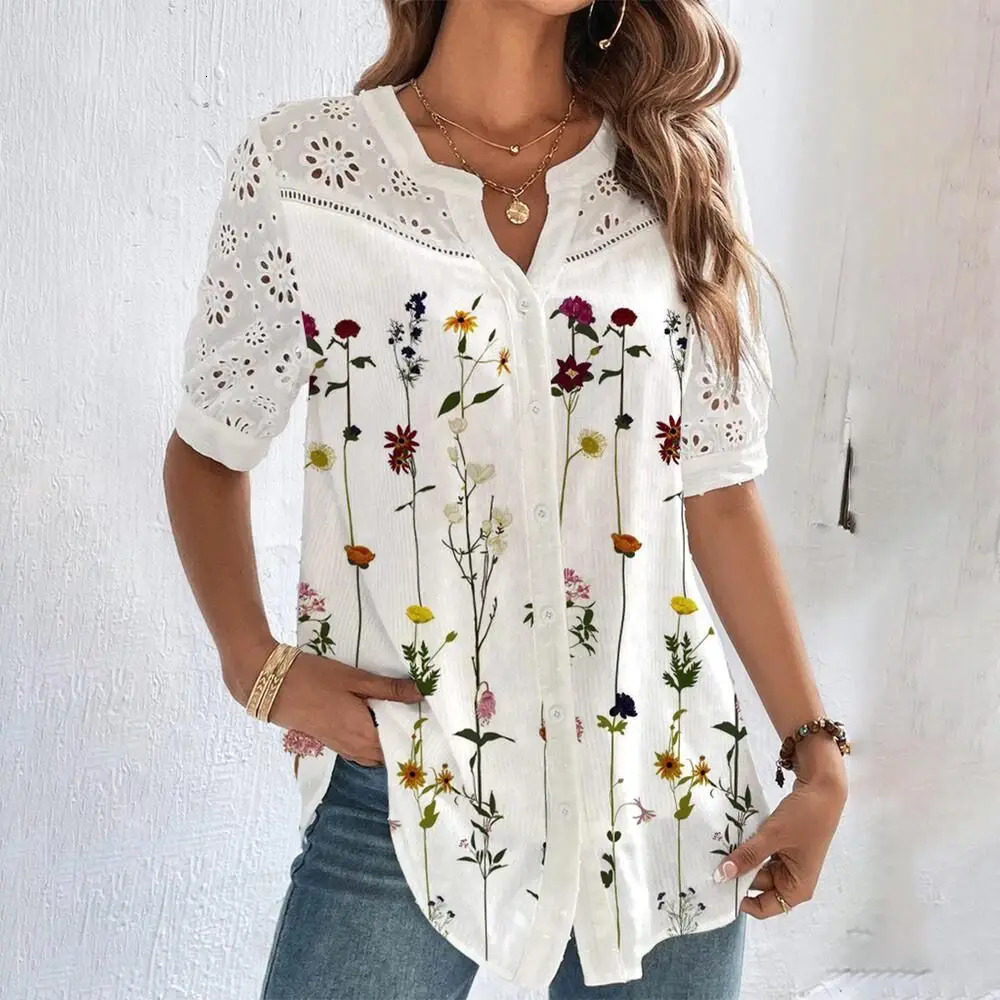Temperament Casual Lace Woman Shirt Fashion Loose Shirt Woman Elegant Short Sleeve Blouse Holiday Weekend 250401
