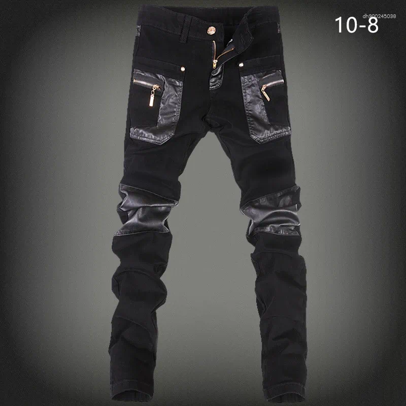 Zipper Splicing Leather Pants Long Pencil Slim Spring Hole Fashion Thin Skinny Men Hiphop Trousers