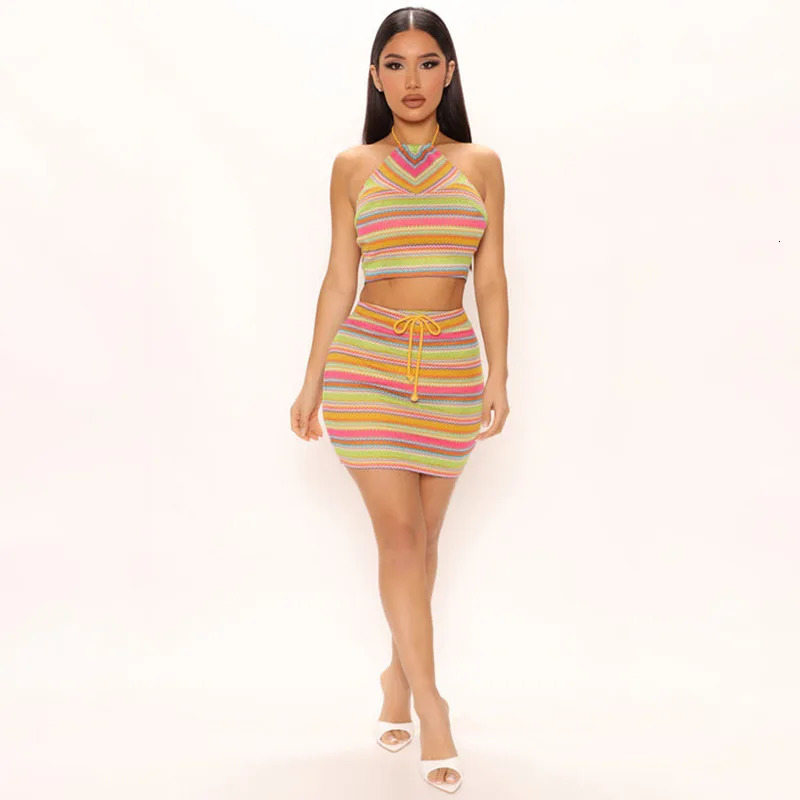 American Womens Fashion Print Halter Ins Small Vest Bag Hip Skirt Suit Sexy Color Halter Suit Seaside Holiday Wear 250408
