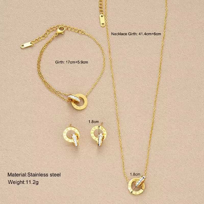 4-piece/set stainless steel crystal necklace bracelet earrings suitable for women gold interlocking ring Roman numeral jewelry set Y250408