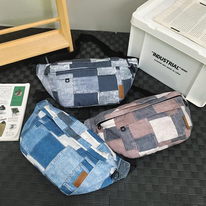 Hip Hop Plaid denim waist bag mens multifunctional waterproof retro luggage outdoor leisure sports cross body bag 250402