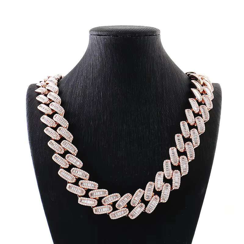 Hip Hop Rose Gold Plated Pure Sier Miami Heavy Long Stick Bread Iced VVS Mosan Stone Cuban Chain Necklace