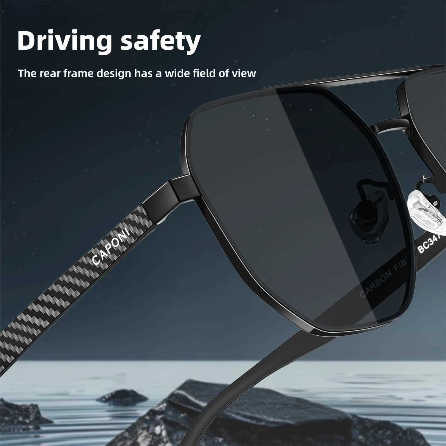 CAPONI brand mens sunglasses polarized carbon fiber outdoor drive polygonal sunglasses anti glare UV400 protective shadow CP34731 W250408