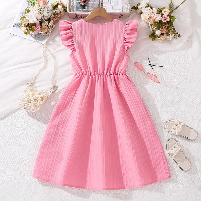 Kids Dresses for Girls 8-12 Years Pink Small Flying Sleeves V-Neck Dress Summer Teenager Sweet Casual Daily Dress 250407