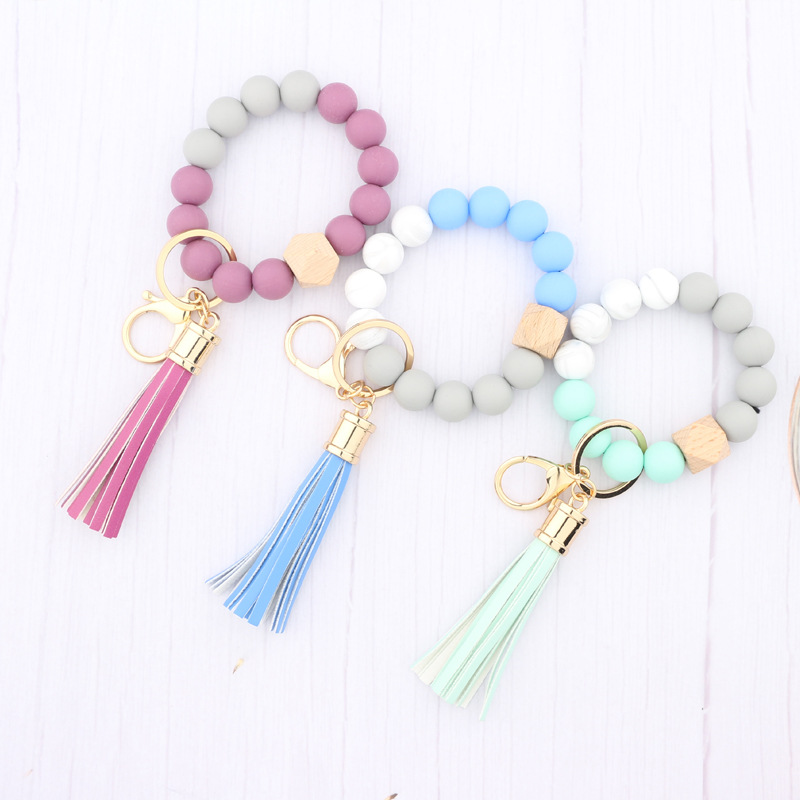 Silicone Key Ring Bracelet Beaded Wrislet Keychain Portable House Car Keys Holder Wristlet Wrist for Women Bangle Cute Keyrings Chains Girls with Leat