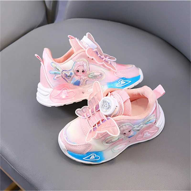 LED casual sports shoes Spring Girls Elsa Princess leather swivel buckle childrens shoes anti slip pink purple W250407