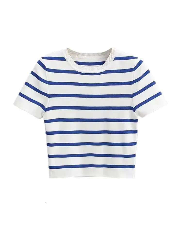 TRAF Women Fashion Striped Basic Cropped Knit Sweater Vintage O Neck Short Sleeve Female Pullovers Chic Tops