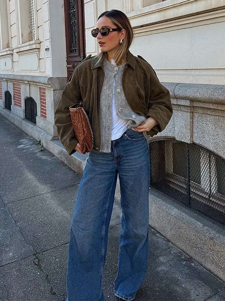 Women Suede Bomber Jacket Vintage Lapel Zipper Long Sleeve Female Coats 2025 Spring New Lady Casual Commute Street Outerwears