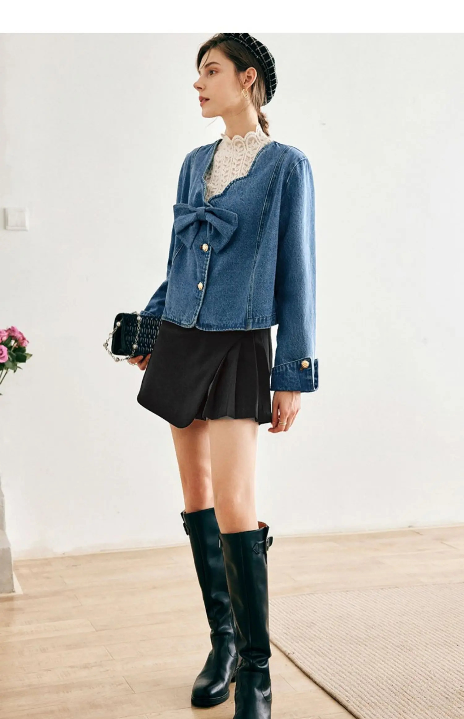 OLrain denim womens jacket spring cotton Petal collar metal bow long sleeved retro O22QW65202 250407