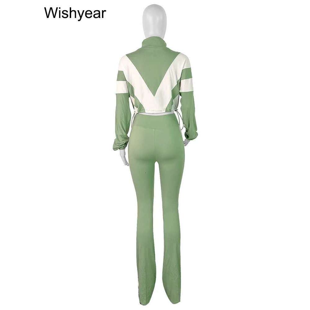 Fashion Patchwork Long Sleeve Zipper Crop Jacket And Skinny Pencil Pants Two Piece Set Woman Tracksuit Jogger Sports Outfits