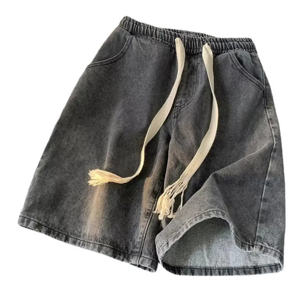 Elastic Waist Denim Trousers Mens Elastic Drawstring Denim Shorts with Pockets Casual Summer Beach Shorts Quick-drying for Men 250407