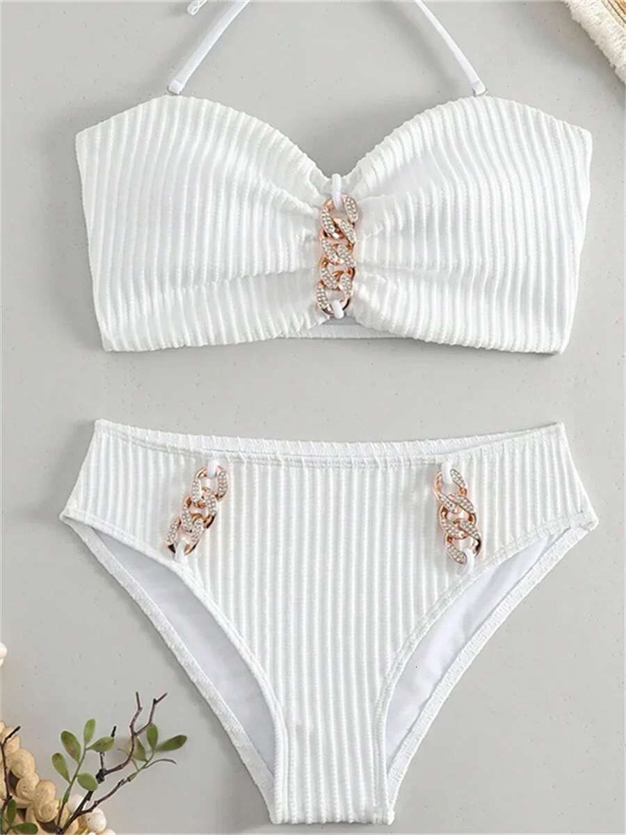 Dongdumaoyi Sexy Rhinestone Bikini Women Luxury White Black Bandeau Push Up Micro Swimsuit Beach Bathing Suit Metal High Waist Swimwear