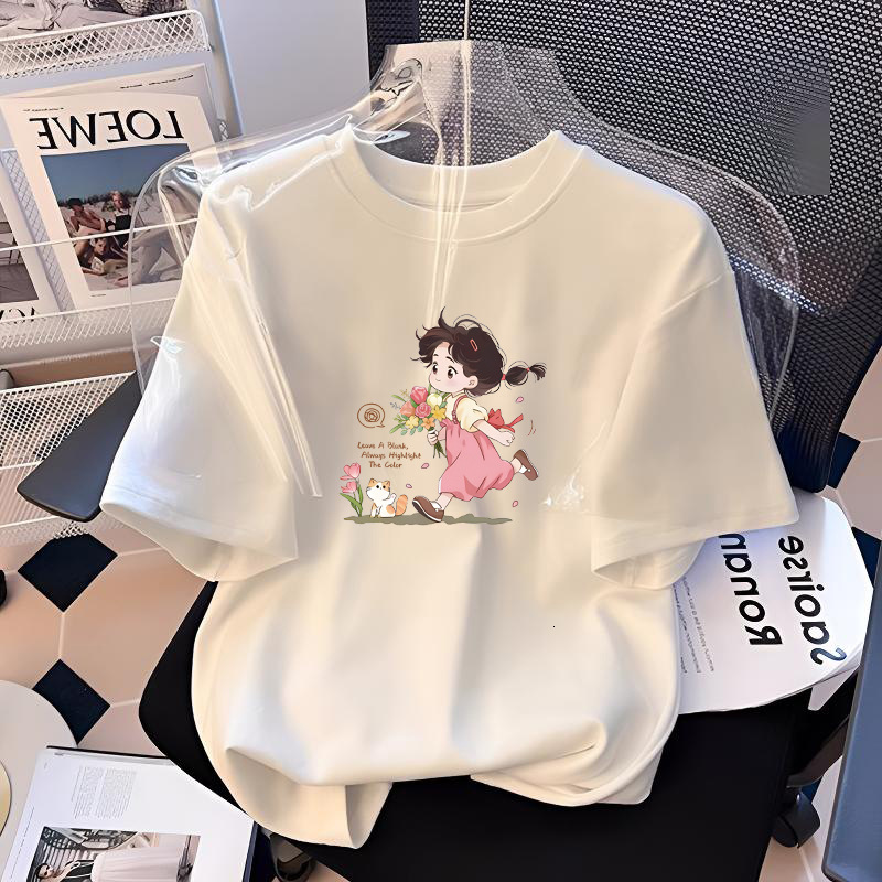 Ddmyshoesvip Girls Short White Pure Cotton T Shirt Summer Loose Fit Medium To Large Size Children S Western Style Girl Cartoon Printed Half Sleeved To