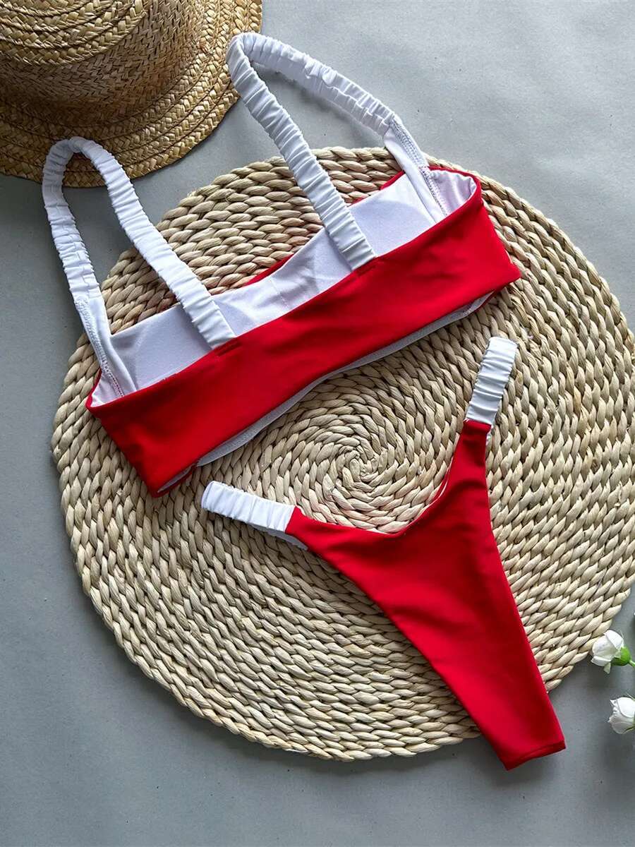 Dongdumaoyi New Black White Splicing Bikini Set Women Sexy Bandeau Push Up Micro Swimsuit Summer Bathing Suit Pleate Thong Swimwear