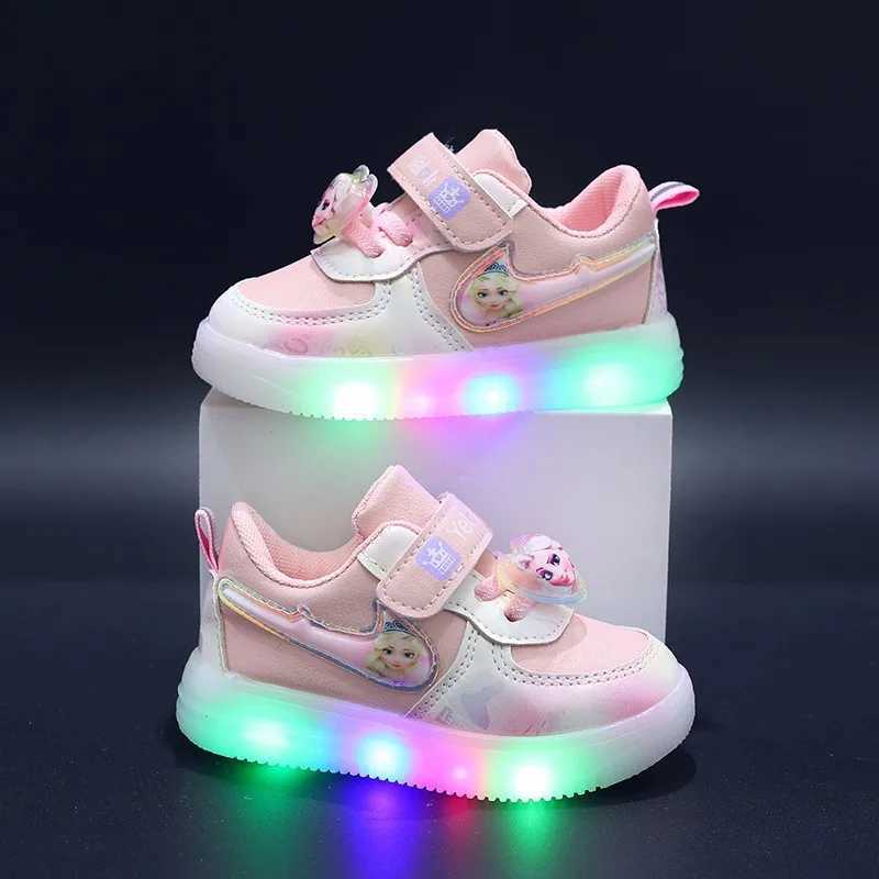 Boutique Fashion Girls Casual Sneakers Elsa Princess Cute Childrens LED Light Shoes Spring/Summer Baby Board Shoes W250407