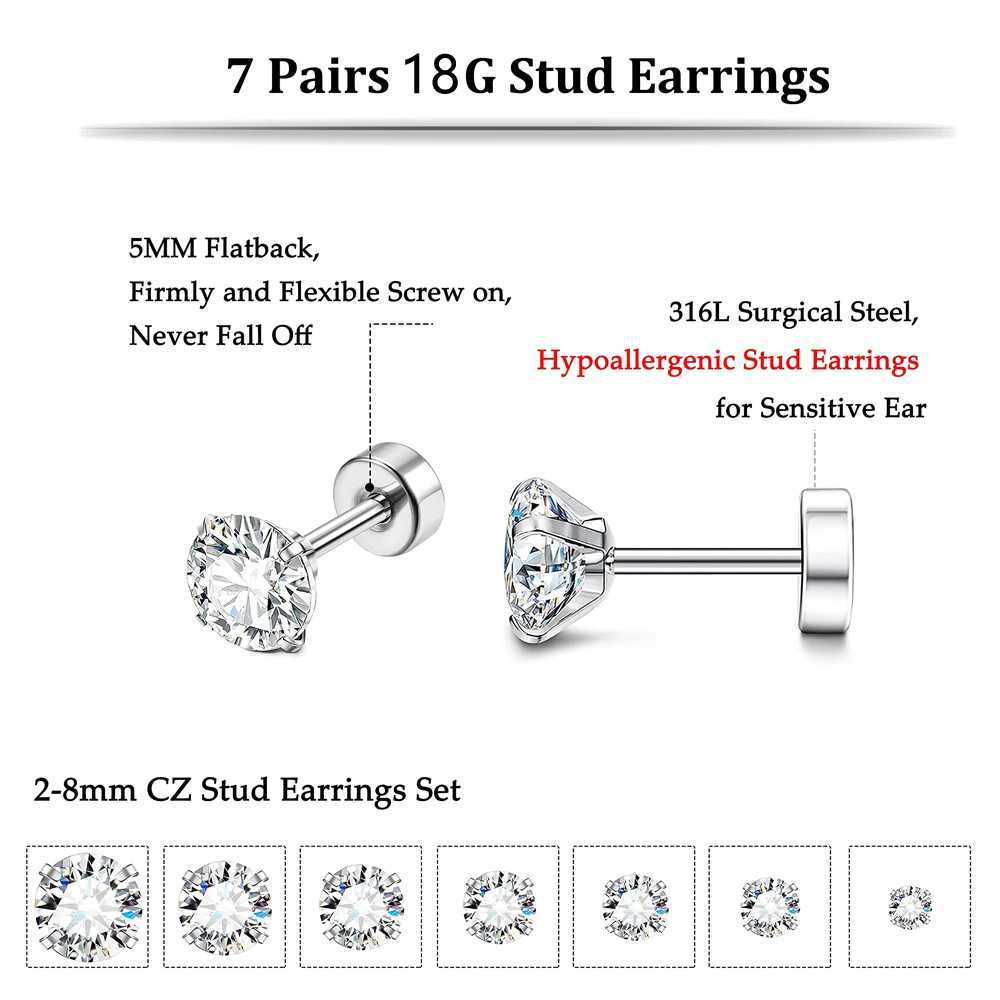 1 Pairs 18G Hypoallergenic Stainless Steel Cubic Zirconia Flatback Stud Earrings Ear Cartilage Piercings for Women Men 2-8mmC250407