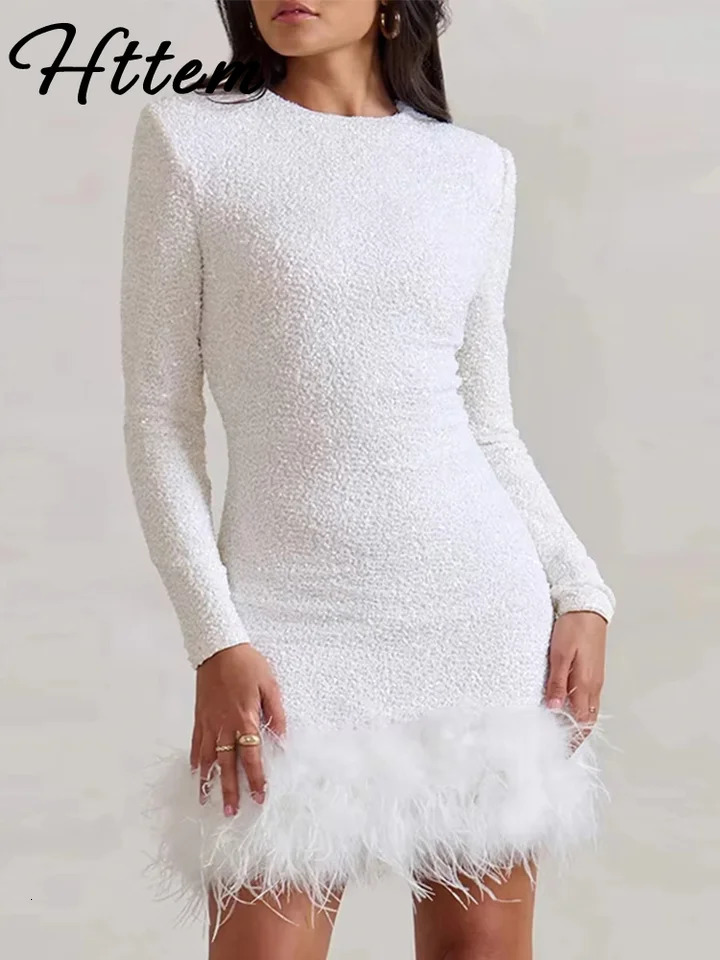 Elegant sequin feather patchwork dress for women ultra-thin O-neck long sleeved Hip packaging dress womens Christmas dress 250402
