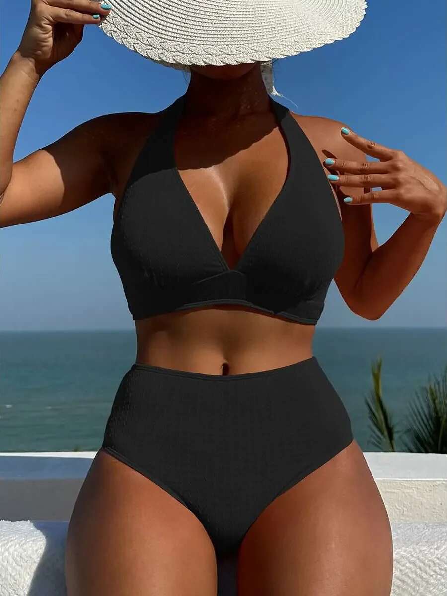 Dongdumaoyi Sexy V Neck Bikini Set High Waist Swimsuit Women Orange Black Push Up Rib Swimwear Summer Bathing Suit Bikinis Beachwear