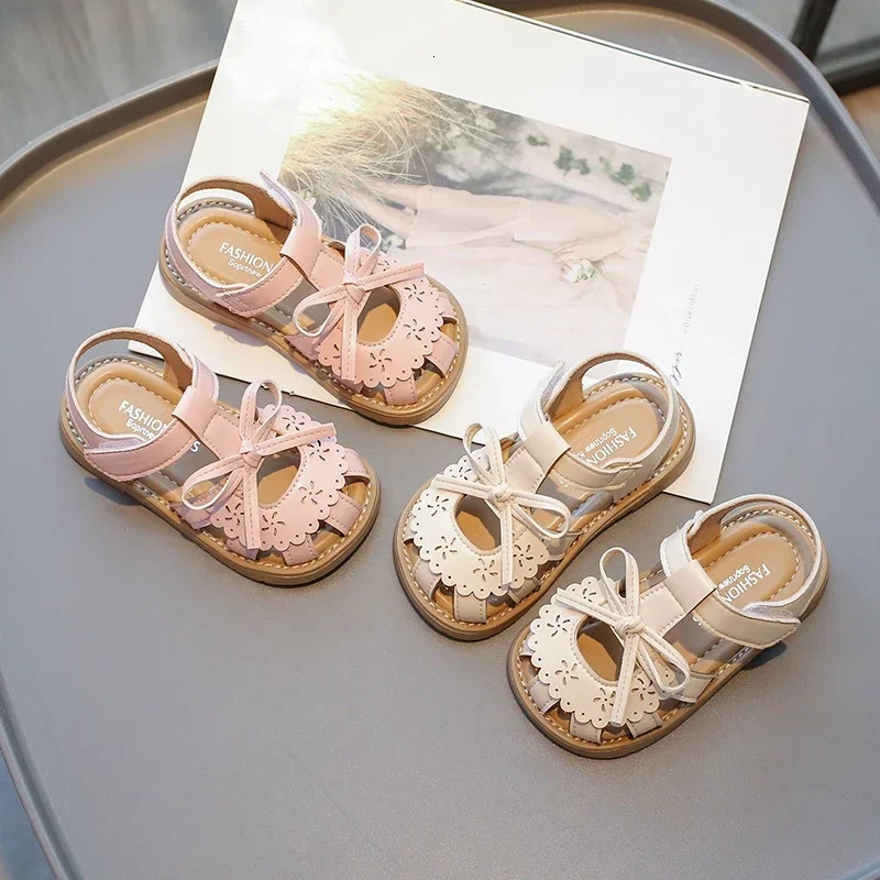 Girls Baby Sandals Summer Bow Beige Soft Girls Walking Shoes 2-12 Years Old Pink Fashion Non-slip Children Sandals Baby Shoes 250407