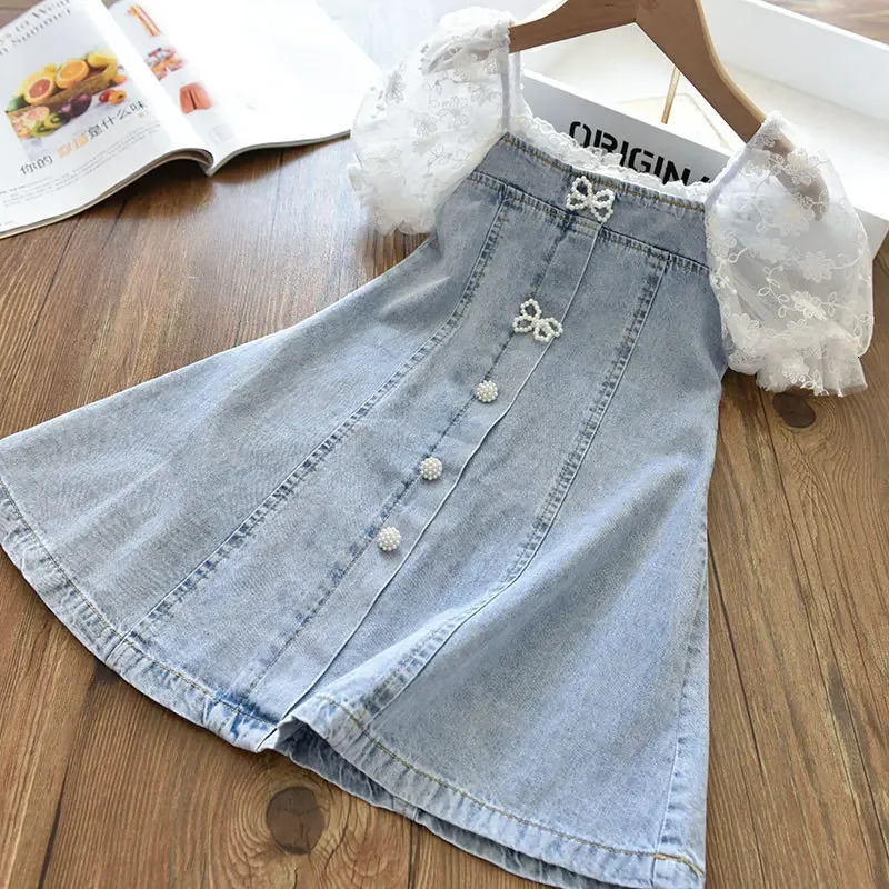 Children Girls Beads Lace Sleeve Denim Dress Toddler Fashion Summer Dresses 250407
