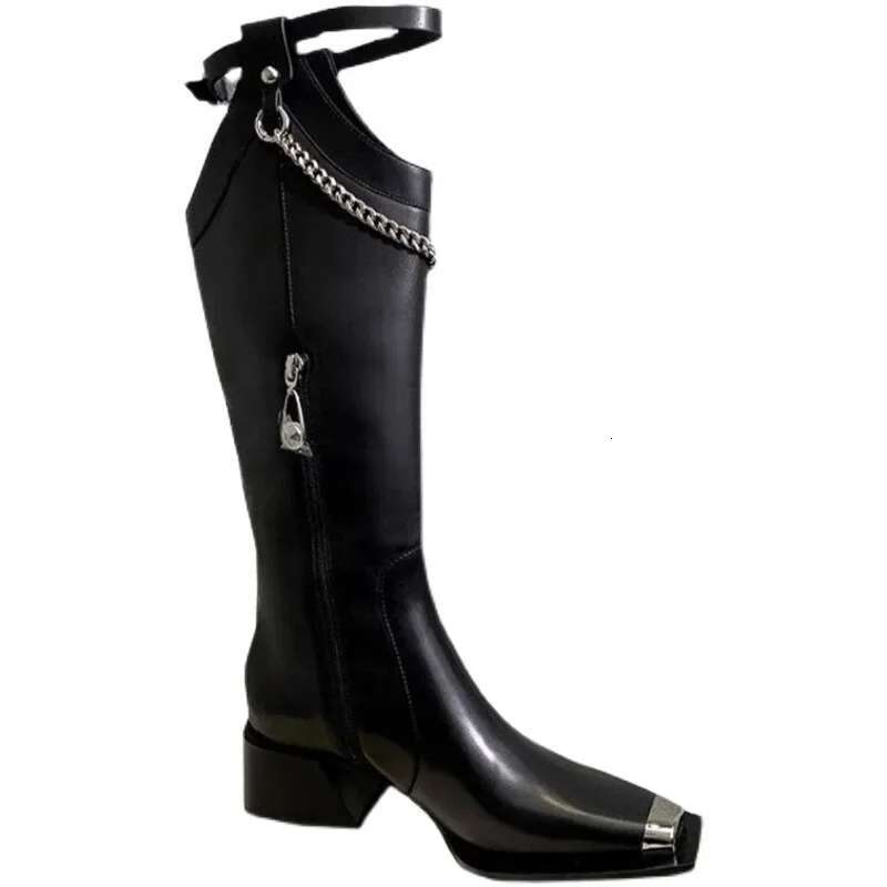 Fashion Europe Station New Thick Heel Square Gold Chain Knee High Nightclub Street Four Seasons Women's Boots