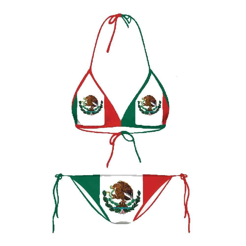 Cloocl Mexican Flag Fashionable and Sexy Swimsuit, Beach Pool Resort, Adjustable Strap up Bikini Set, No Chest Mat