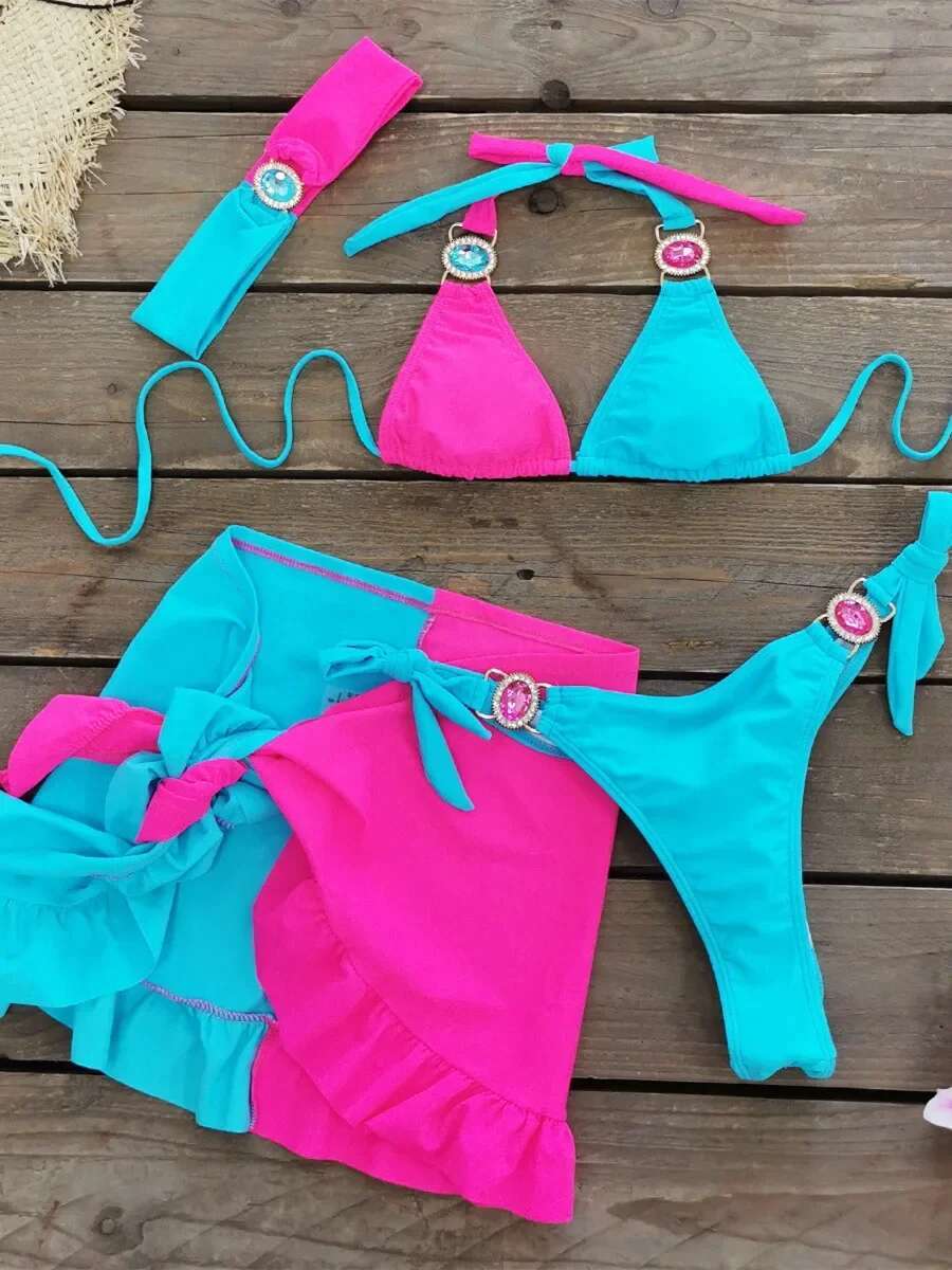 Dongdumaoyi Sexy Skirt Pieces Bikini Set Women Luxury Blue Patchwork Rhinestone Push Up Cover Swimsuit Beach Bathing Suit Swimwear