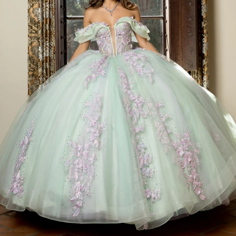 Green Quinceanera Dresses Off Shoulder Ball Gown Sweet 16 Dress Applique Bow Beads Tull Corset Birthday Party Vestidos 15 De Anos