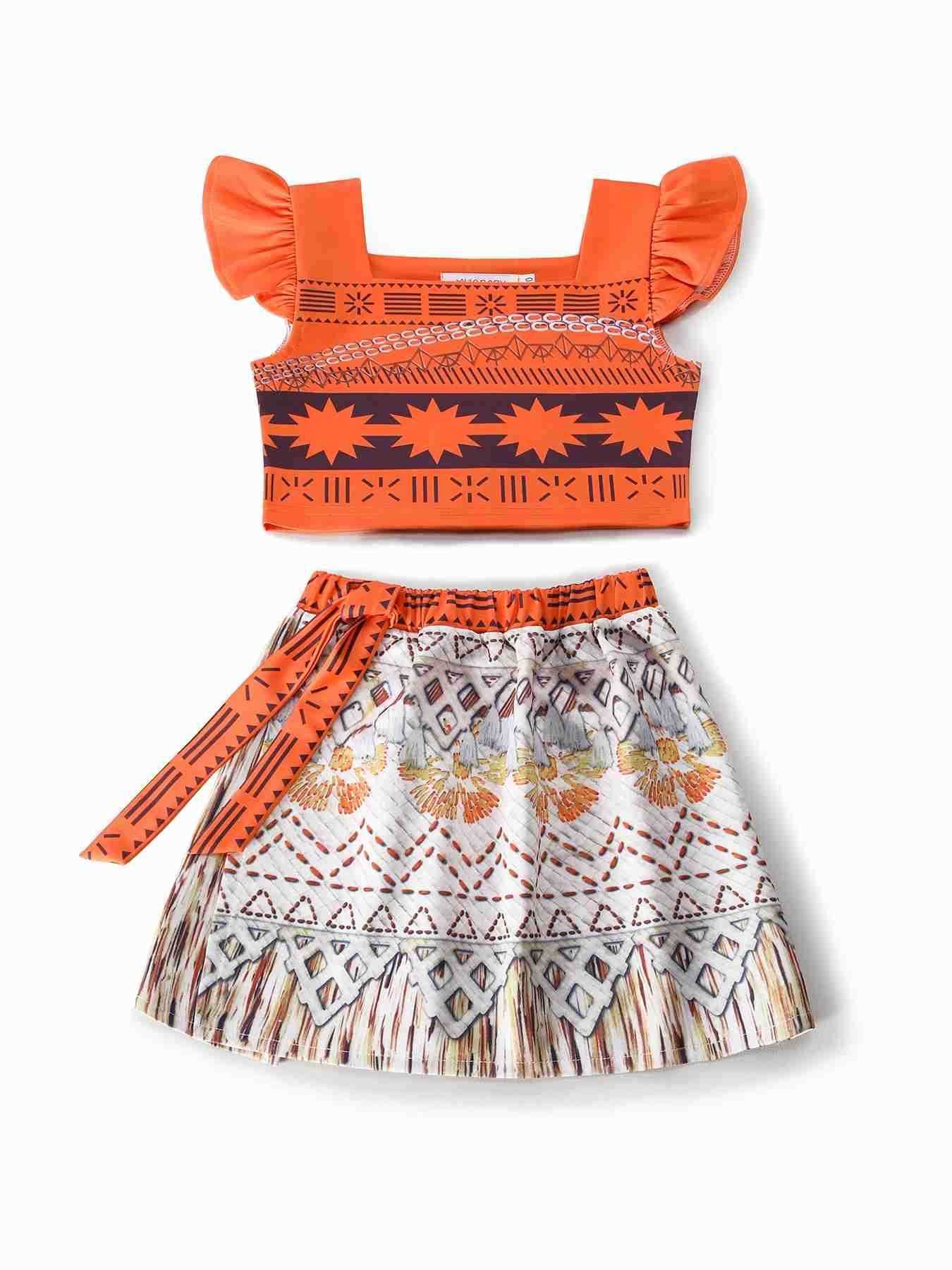 Disney 2PCS Full Printing Moana Dress for Kids Girl Casual Dresses 2-10Y Toddler Cosplay Clothing Set with Necklace Flying Sleeve X250408