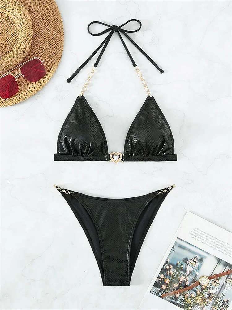 Dongdumaoyi Luxury Rhinestone Bikini Women Black Bronzing Metal Chain Strap Push Up Micro Swimsuit Sexy Bathing Suit Thong Swimwear