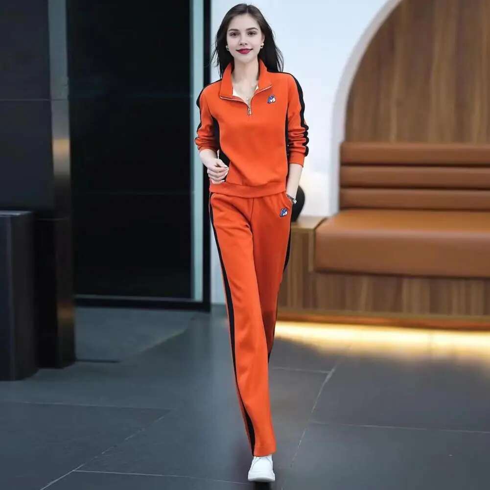 Women Sports Suit Stylish Women's Sportswear Set Color Matching Zippered Stand Collar Sweatshirt Wide Leg Trousers for Fall