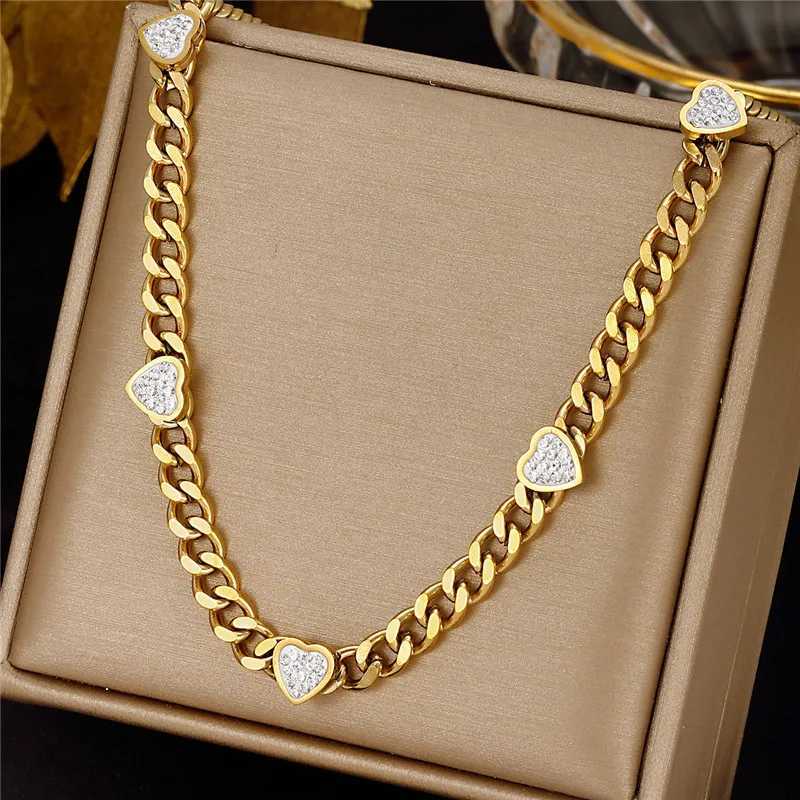316L Stainless Steel Jewelry Set Golden - Plated Cuban Link Chain Necklace Bracelet With Heart - shaped Cubic Zirconia Inlays Y250408