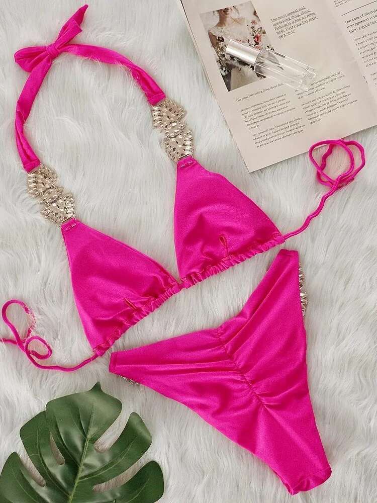 Dongdumaoyi Sexy Rhinestone Bikini Women Luxury Hot Pink Diamond Push Up Thong Swimsuit Summer Bathing Suit Two Piece Biquini