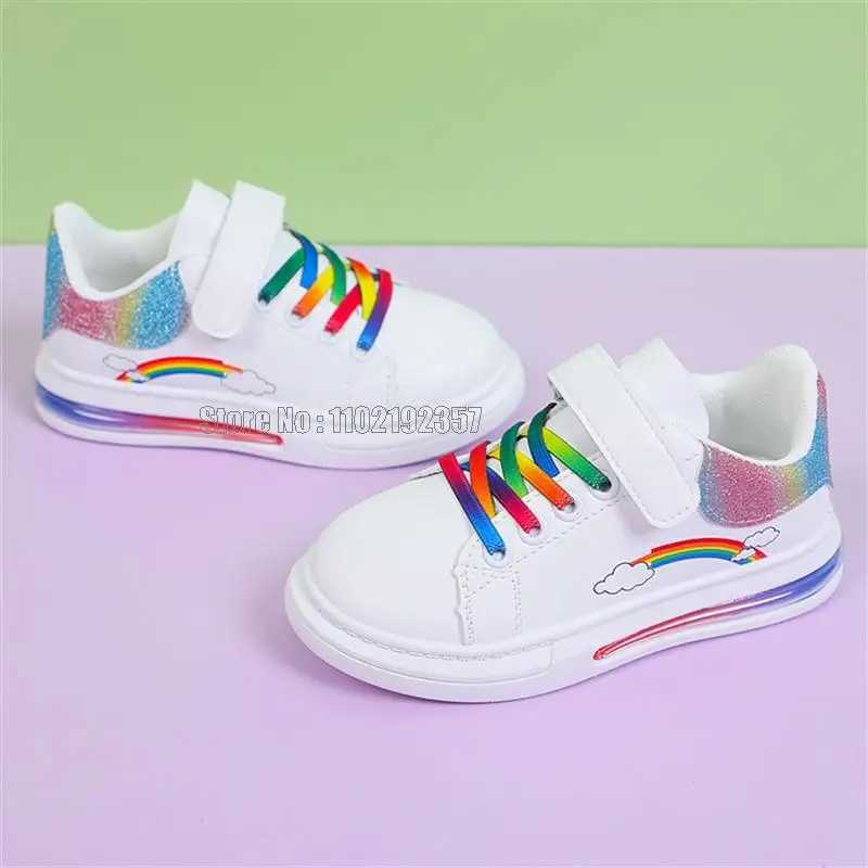 Childrens fashion rainbow colored girls white casual Pu leather air cushion autumn sports shoes W250407