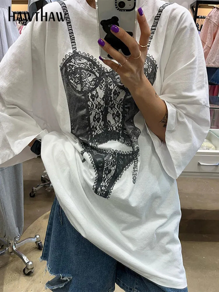 Hawshaw Womens Short sleeved Graphic Streetwear White T-shirt Top Tees Shirt Summer Clothing Wholesale Products 250402