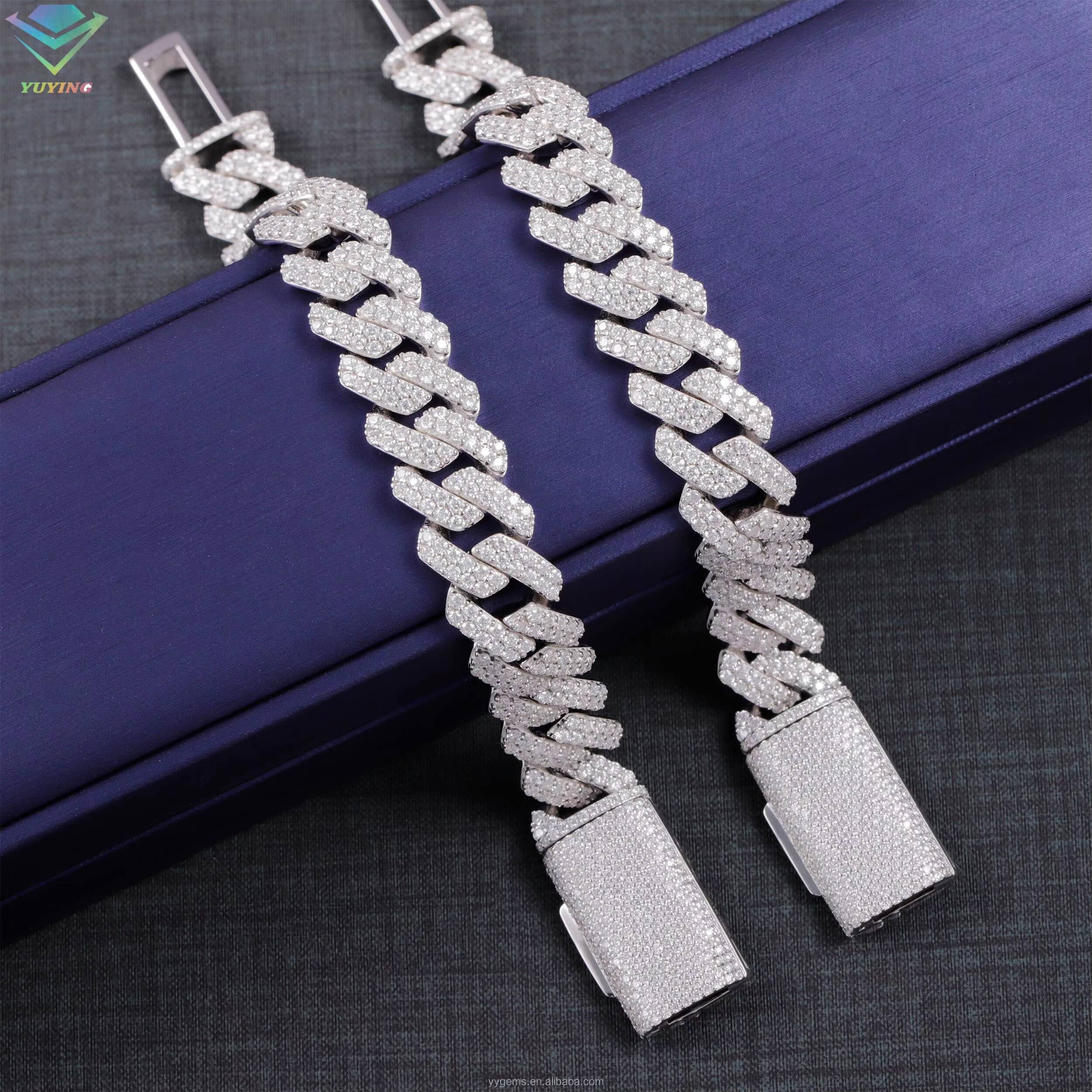 Hip Hop Jewelry Moissanite Bracelet 2rows 15mm Wide S925 Silver VVS Moissanite Iced Out Diamond Cuban Link Bracelet