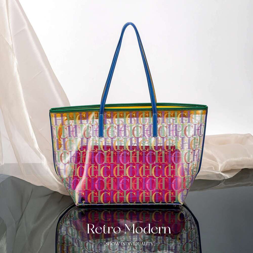 CHCH Women's Tote Blue Transparent PVC Letter Printed Handbag Large Capacity Mother Child Shopping Bag