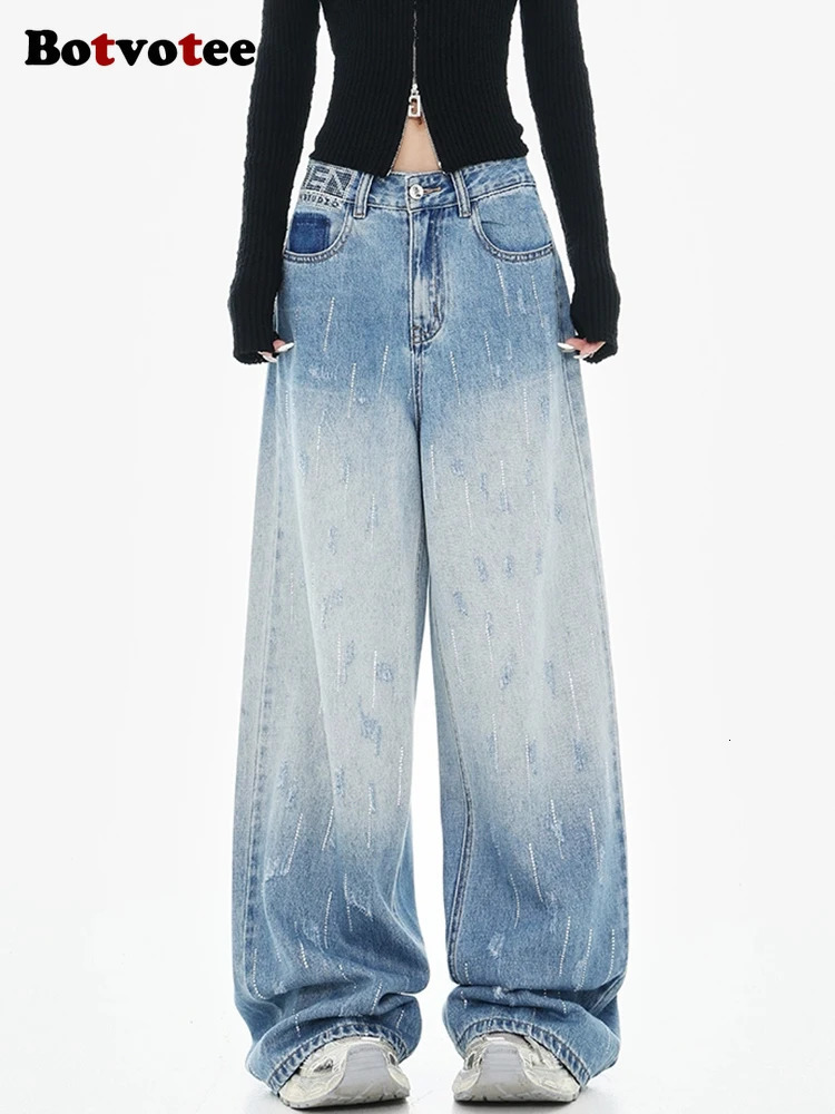 Botvotee Fashion Baggy High Waist Blue Womens Jeans Y2k Denim Pants Patch Work Clothing 250407