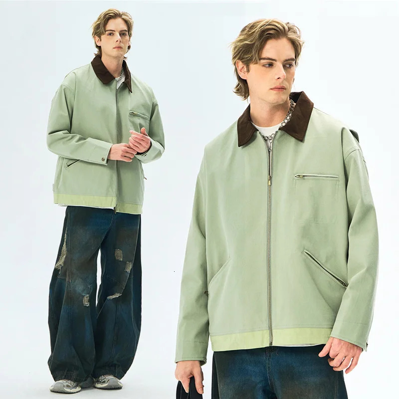 Fashionable mens jacket autumn casual retro style denim zipper pocket windproof camping baseball 250407