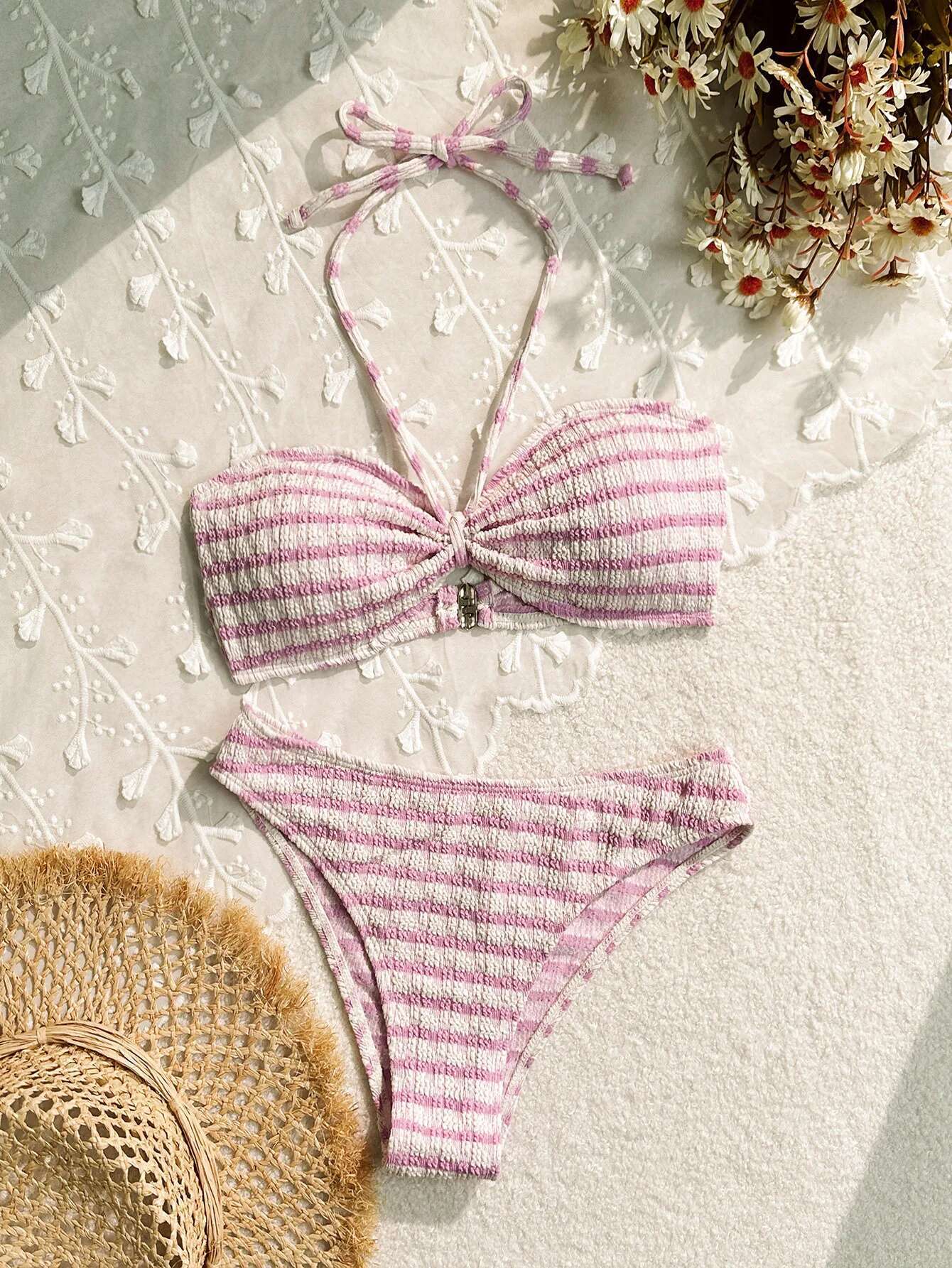 Dongdumaoyi Sexy Black Striped Bikinis Sets Women Pleate Drawstring Push Up Mini Swimsuit Brazilian Beach Bathing Suit Holiday Swimwear