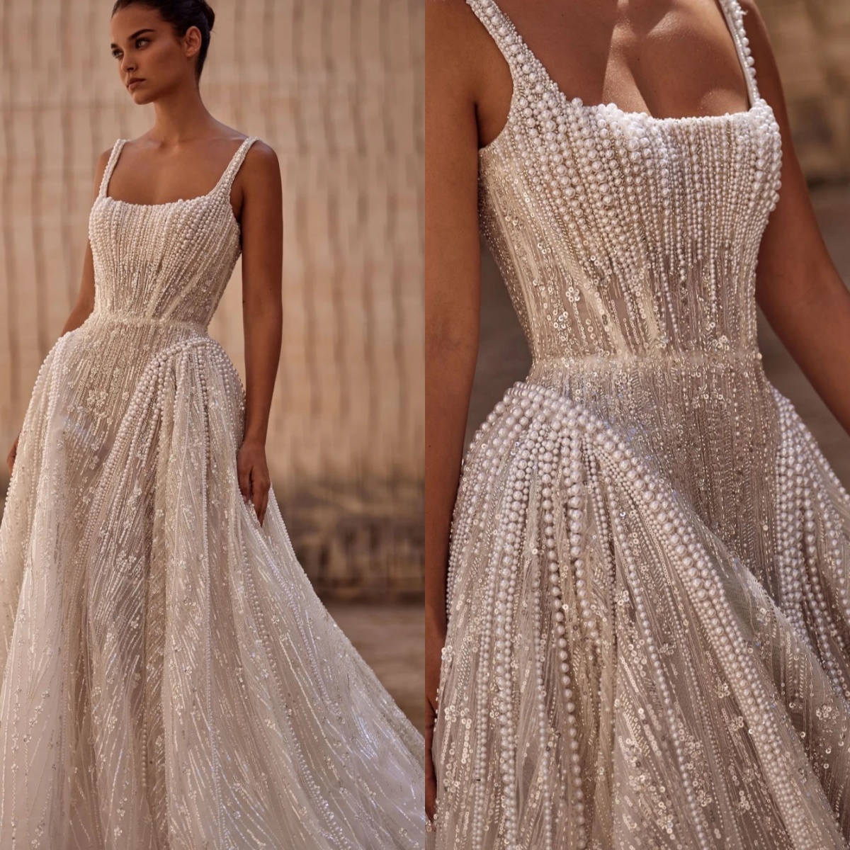 Royal Pearls Square Neck Wedding Dress Elegant A Line Bridal Gown Customized Stunning Sequined Lace Bride Women Wear