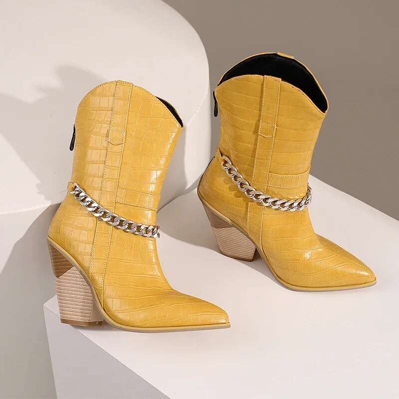 New Ankle Boots Cowboy For Women Wedge High Heel Chunky Snake Print Chain Zip Western Cowgirl Boots Pink
