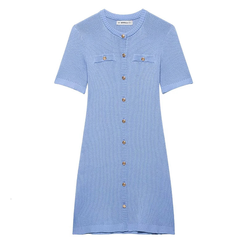Willshela Womens Fashion Blue Single Chest Knitted Mini Dress Retro O-neck Short Sleeve Womens Fashion Womens Dress 250407