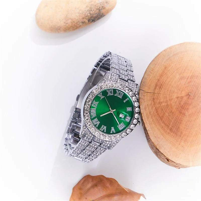Business Mens Faux Diamond-studded Steel Strap Watch Fashion Hip-hop Street Culture Cuban Bracelet 251107