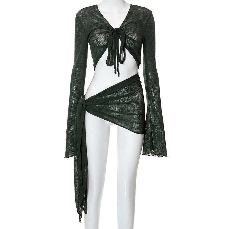 Mesh Perspective Strap Long Sleeve Chest Wrapping Top Half Skirt Set Summer European and American Women's New Casual Versatile Fashion Clothing