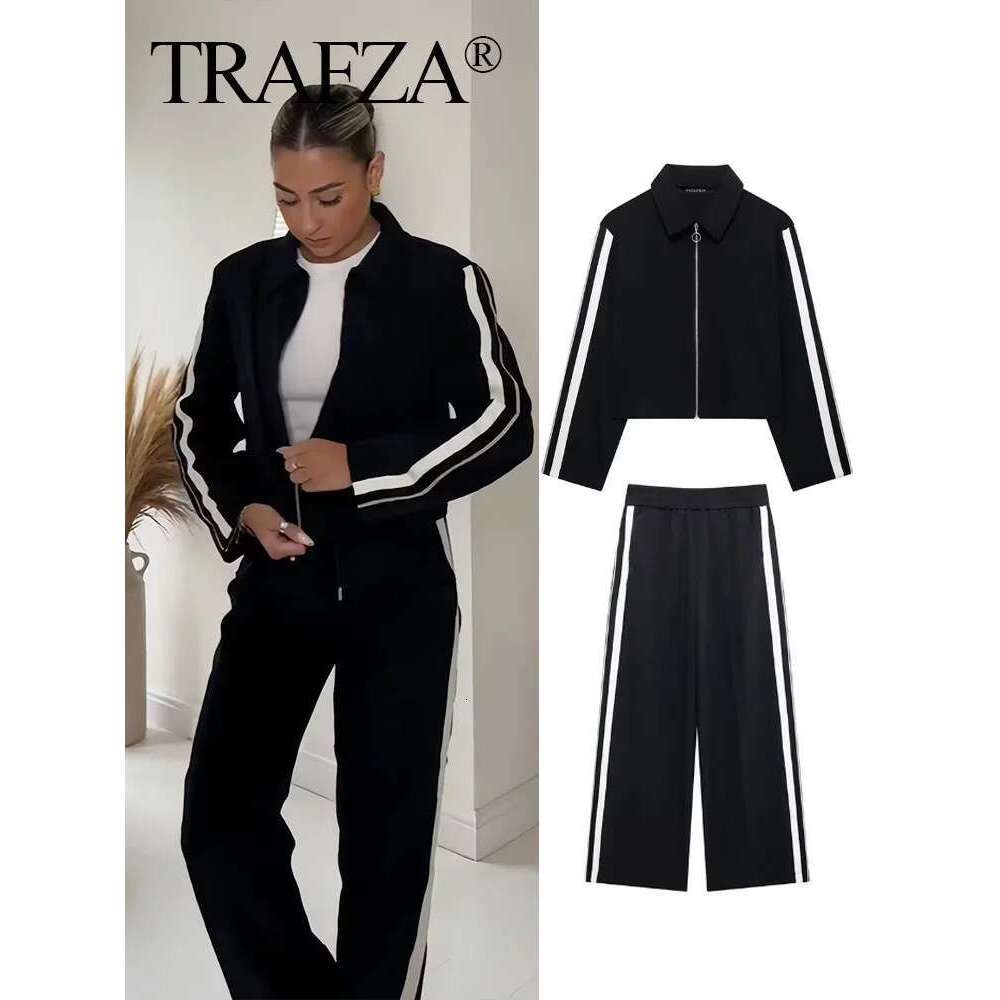 TRAFZA 2024 New Women Casual Trousers Suits Sports Short Jacket + Female Vinatge Black White Patchwork Baggy Pants Street