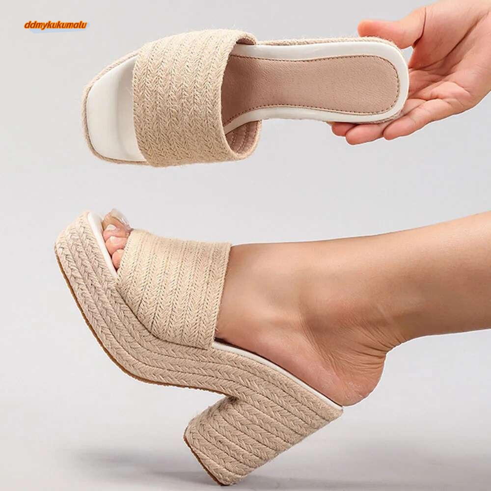 2025 Summer New Women's Espadrille Chunky Platform Square Thick Heel Leisure Women Mules Shoes Sandals ddmykukumalu