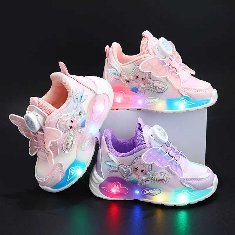 LED casual sports shoes Spring Girls Elsa Princess leather swivel buckle childrens shoes anti slip pink purple W250407
