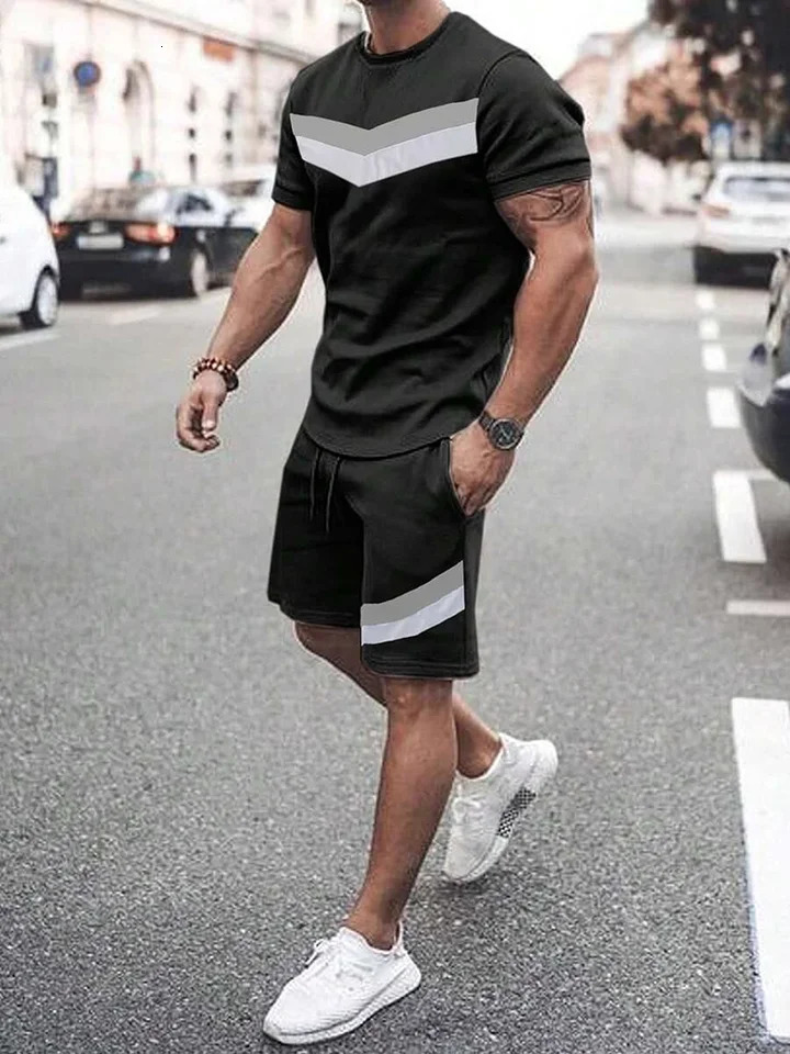 Summer mens sportswear outdoor business style casual Tshirt round neck short sleeved set drawstring elastic 250408